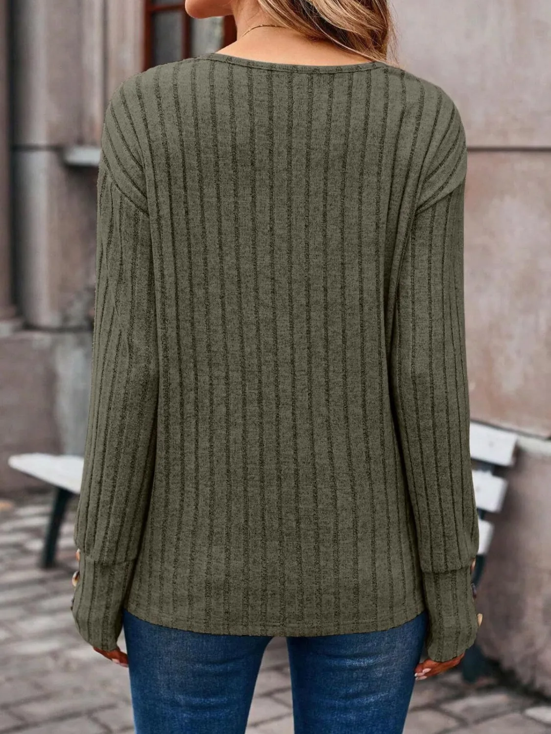 Ribbed V-Neck Long Sleeve Top