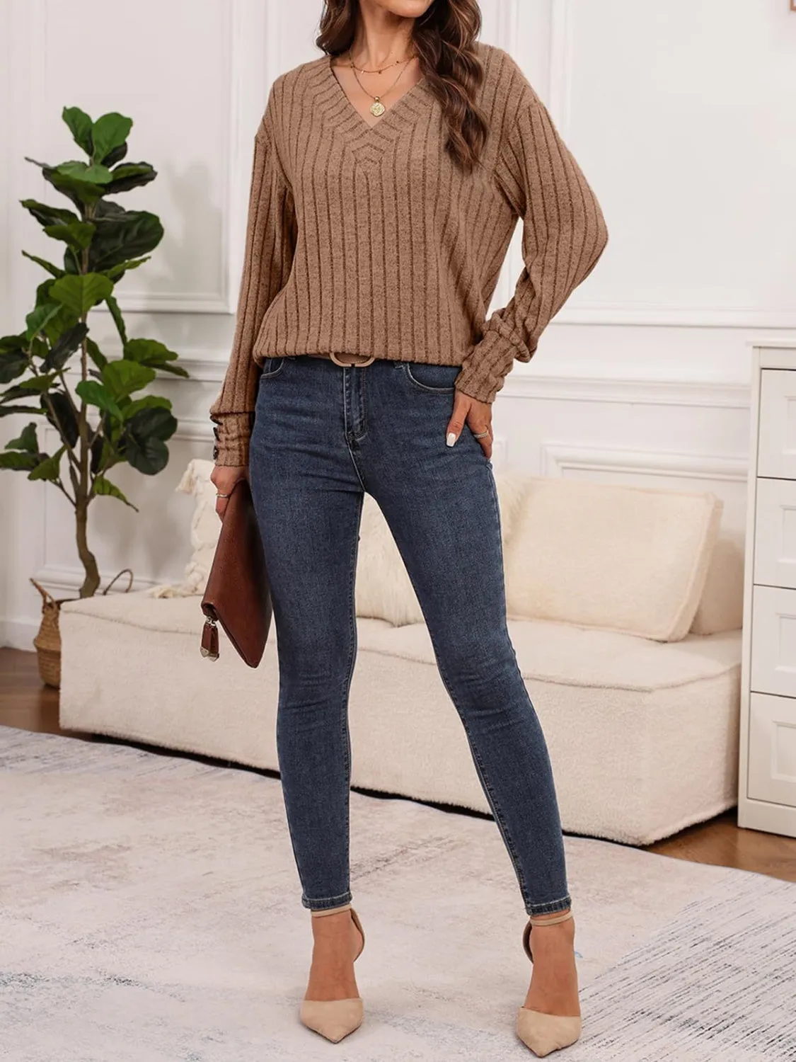 Ribbed V-Neck Long Sleeve Top