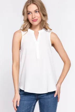 Sleeveless Henley Neck with Hidden Button Woven Top