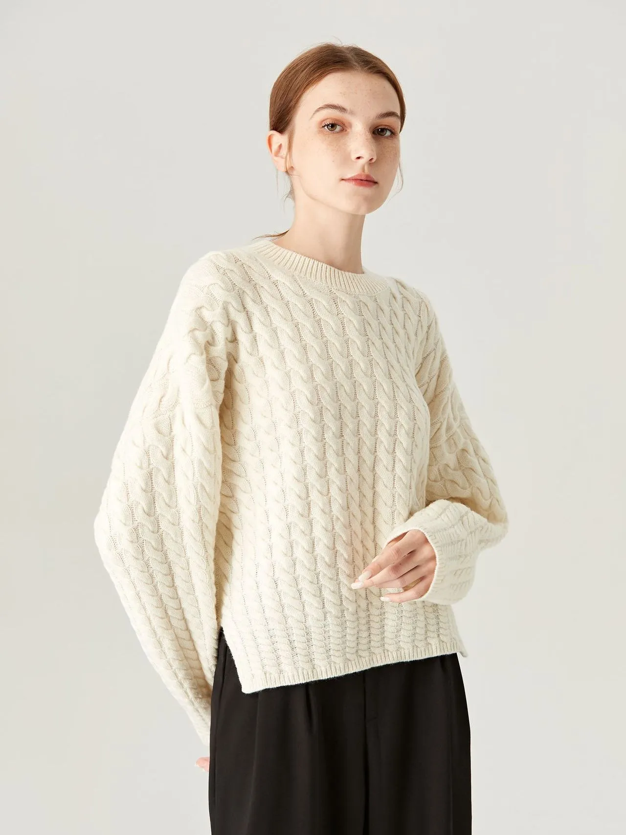 Snow Falling Cream Patchwork Knit Long Sleeve Wool Sweater