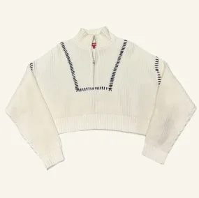 Staud Cropped Hampton Sweater in Ivory/Navy