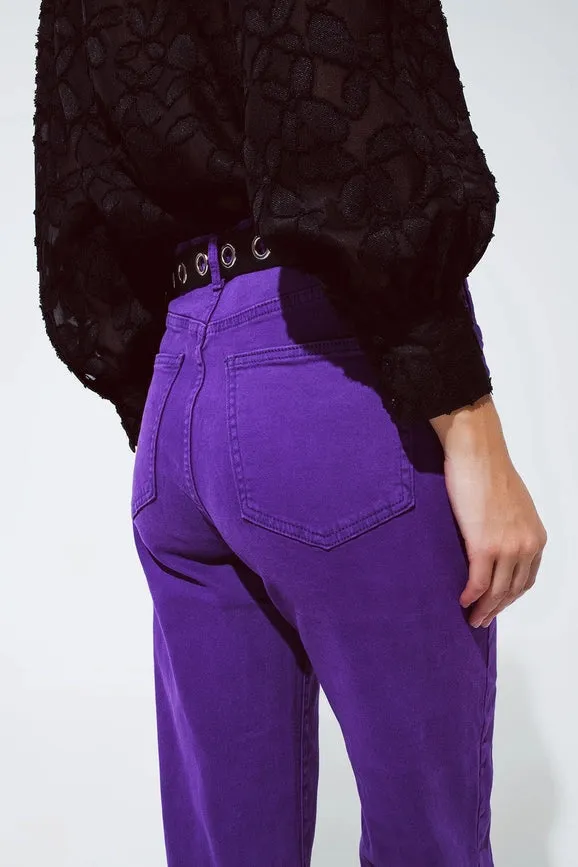 Straight Leg Jeans with Cropped Hem in Purple