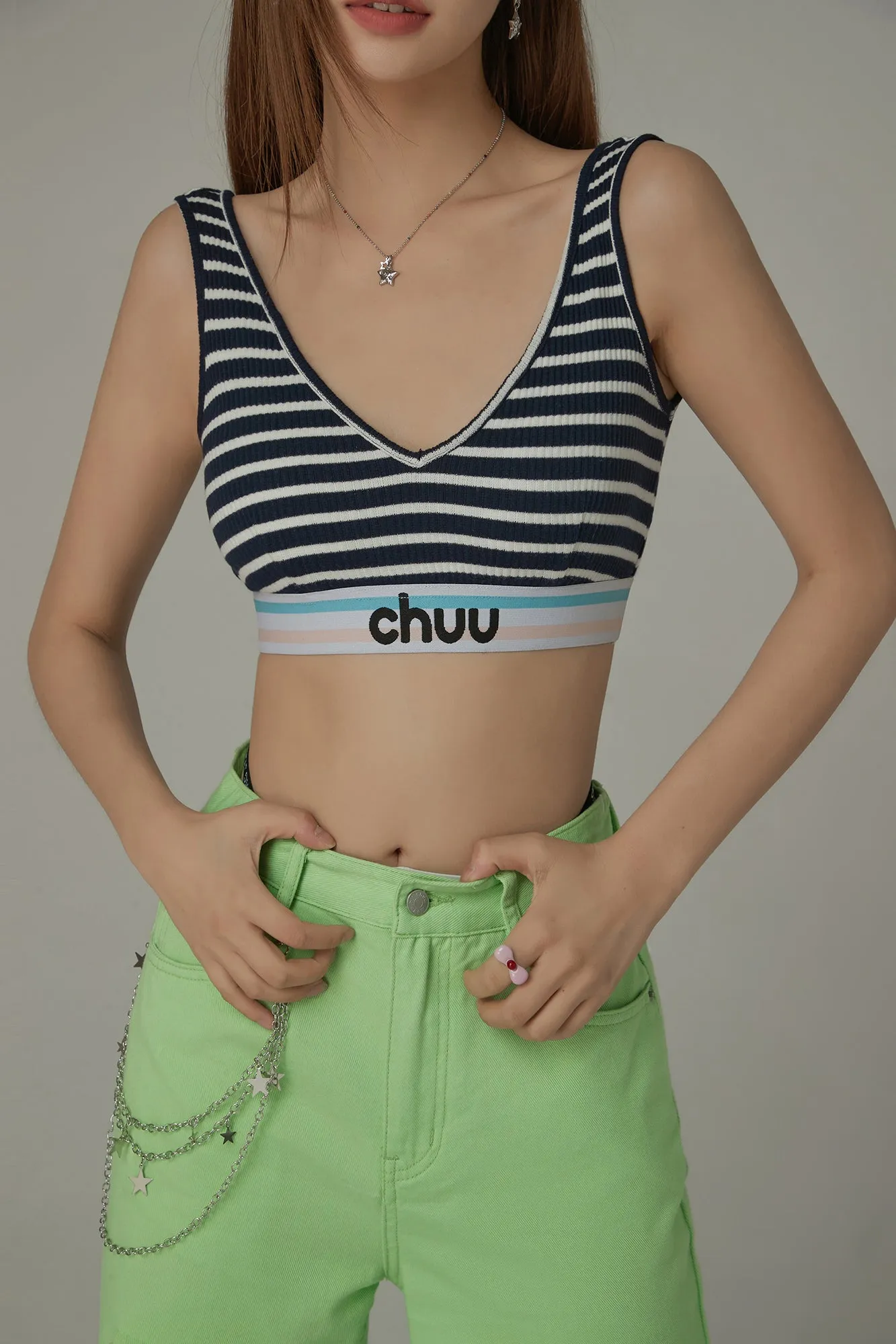 Striped Color Banding V Neck Bra Top