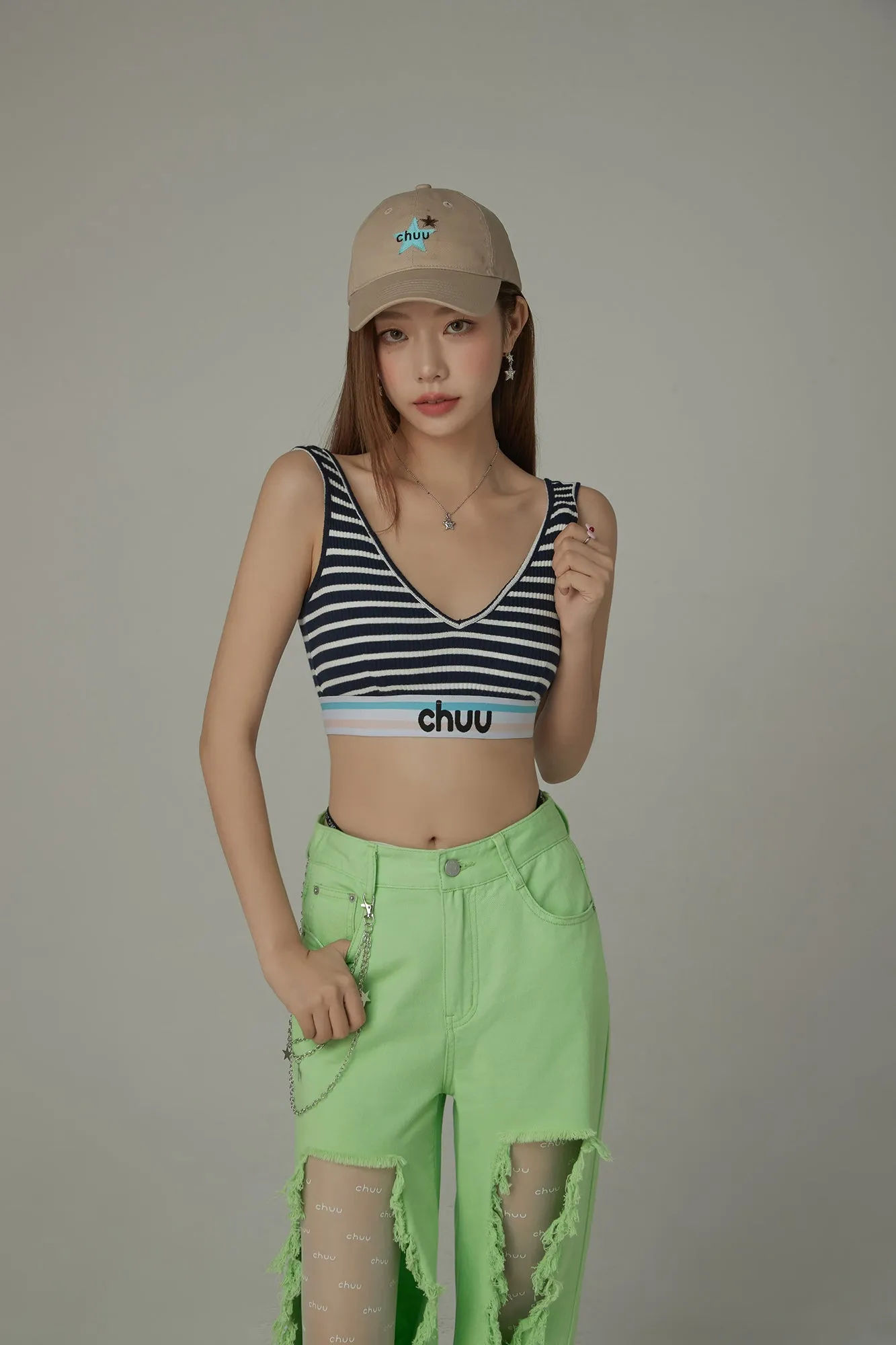 Striped Color Banding V Neck Bra Top