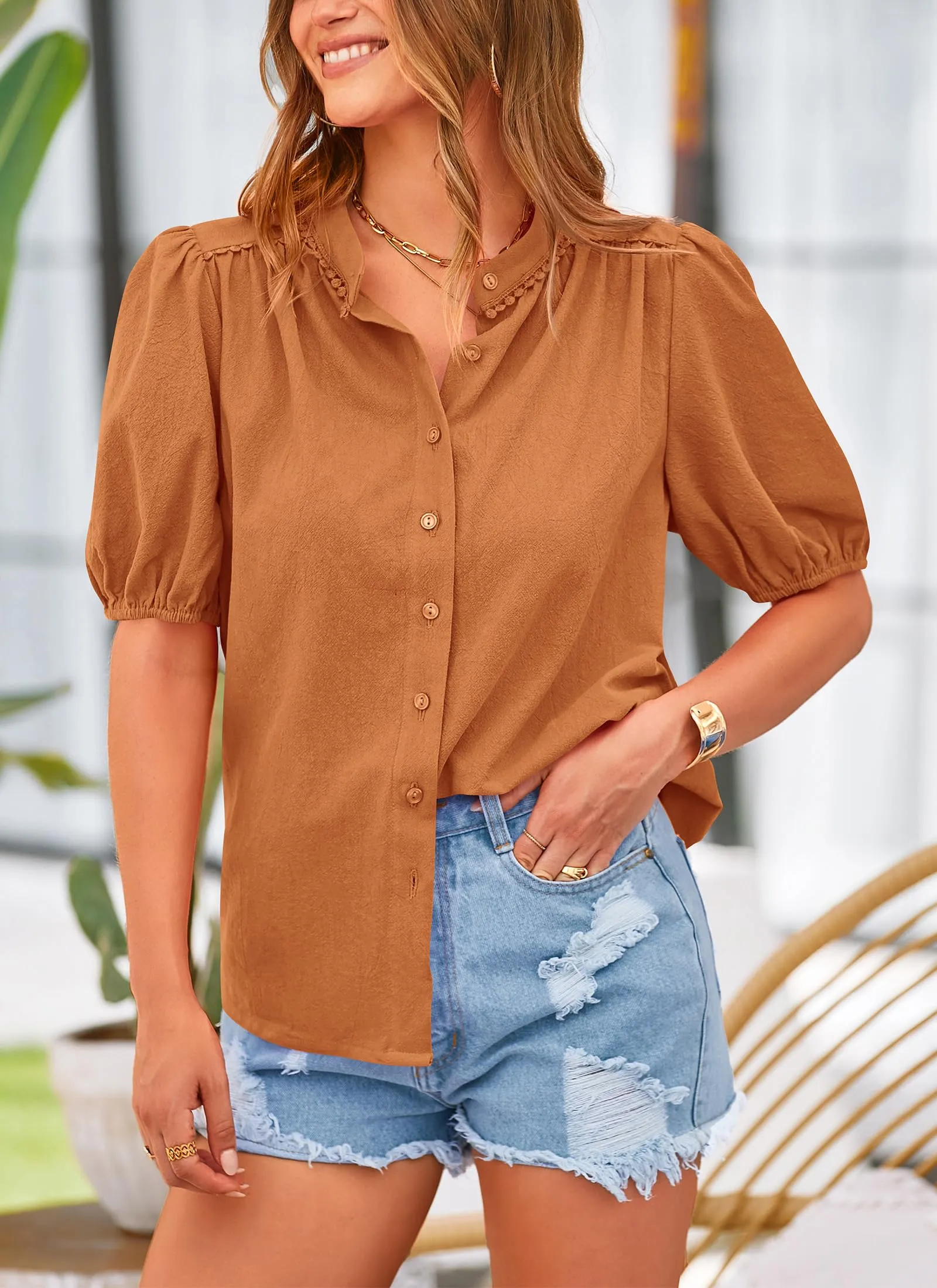 Summer Button Down Short Lantern Sleeve V Neck Cotton Tops