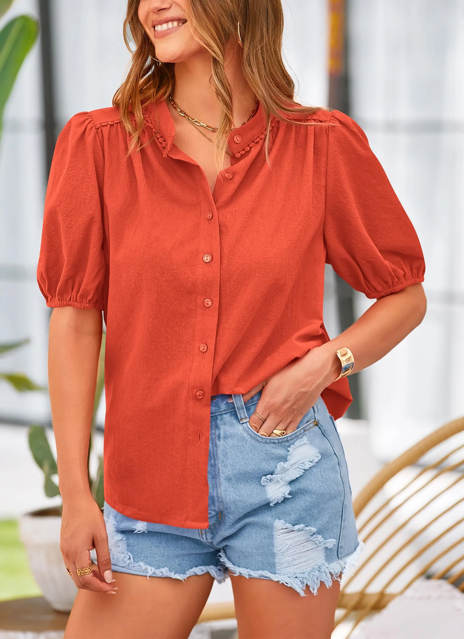 Summer Button Down Short Lantern Sleeve V Neck Cotton Tops