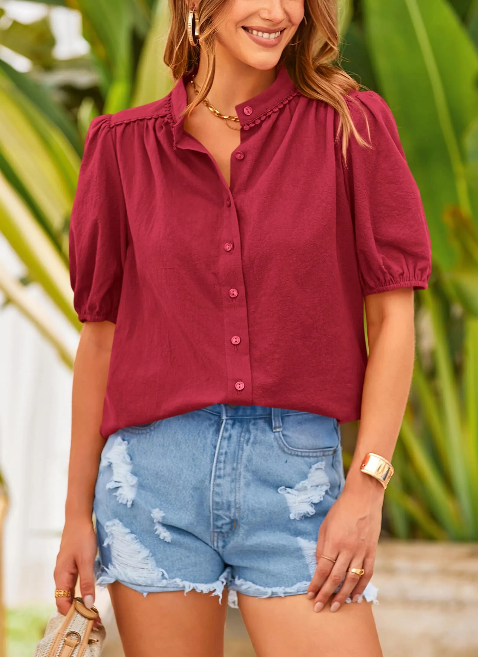 Summer Button Down Short Lantern Sleeve V Neck Cotton Tops