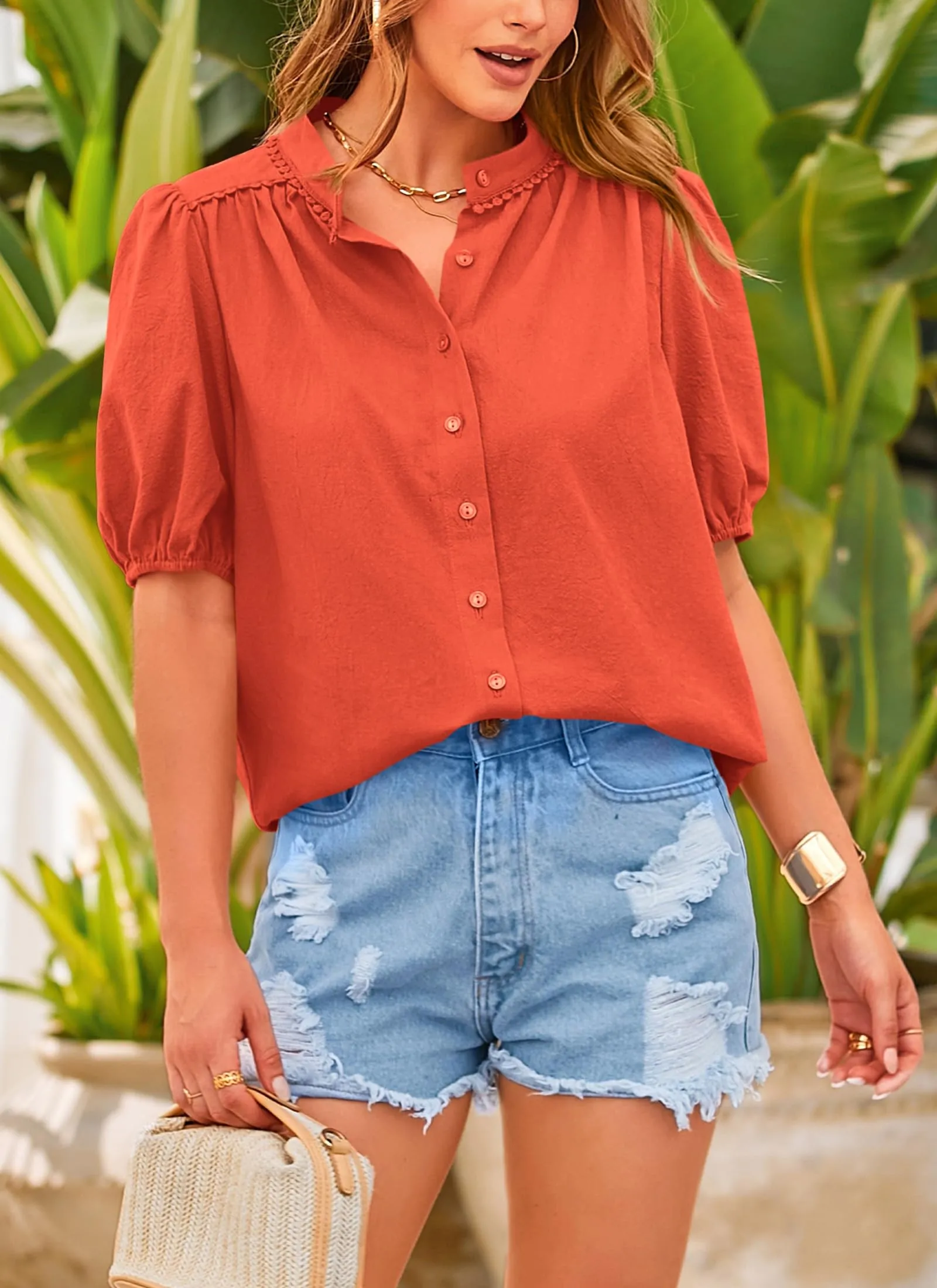 Summer Button Down Short Lantern Sleeve V Neck Cotton Tops