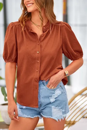 Summer Button Down Short Lantern Sleeve V Neck Cotton Tops