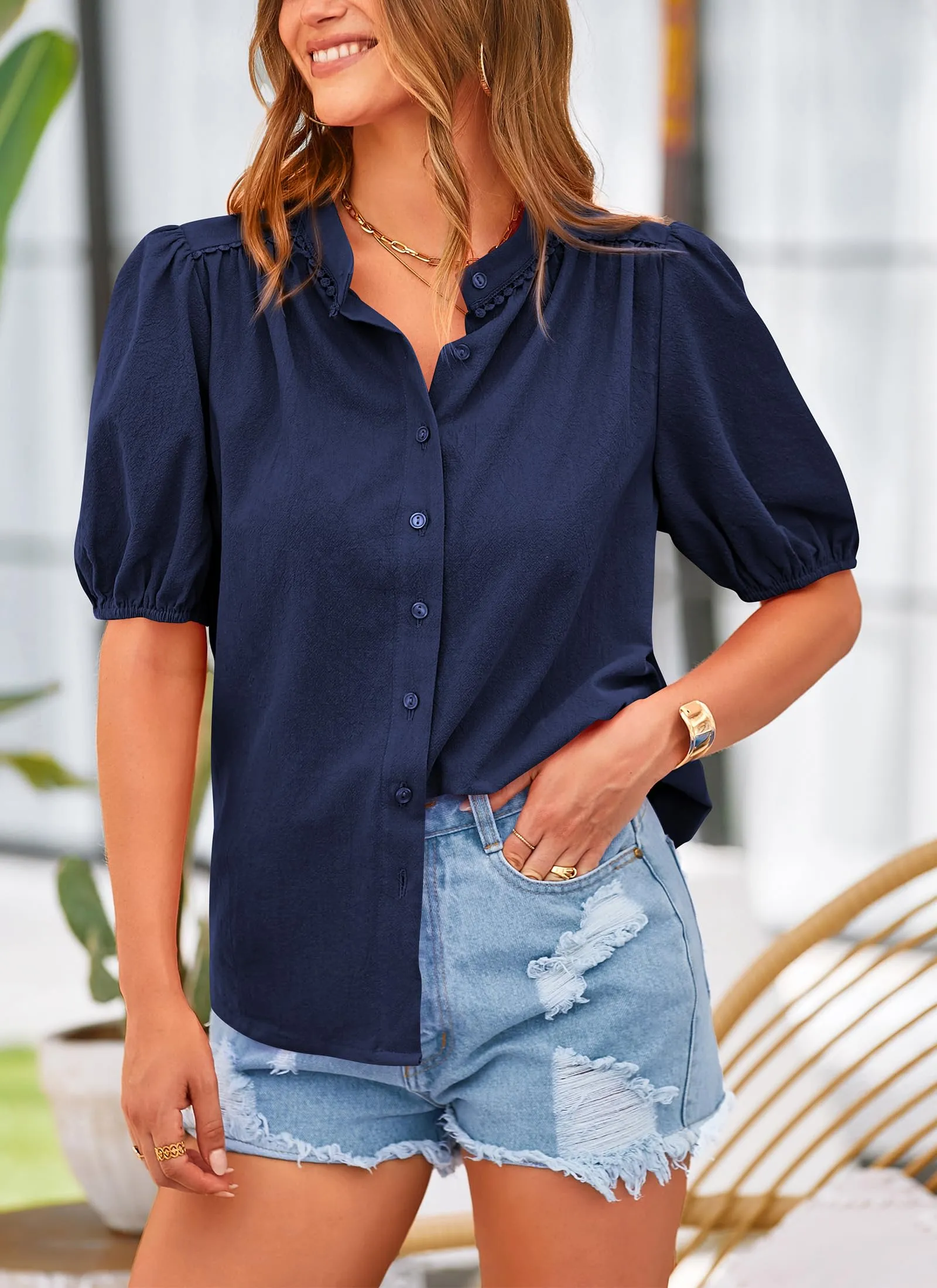 Summer Button Down Short Lantern Sleeve V Neck Cotton Tops