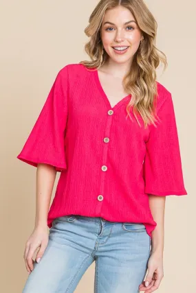 Texture Decorative Button V-Neck Top