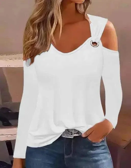 Womens Long Sleeve V Neck Fashion Woman Metal Buckle  Shoulder Casual