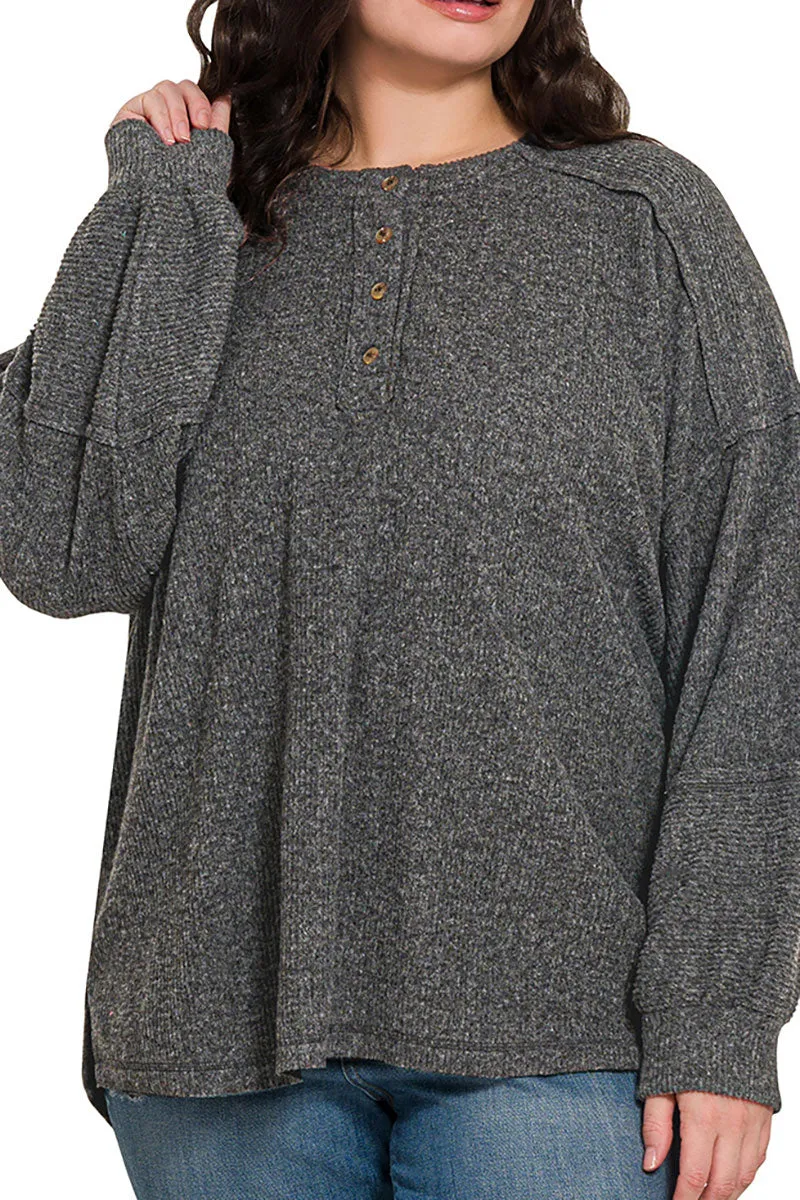 Zenana Plus Size Frosty Feels Black Brushed Hacci Henley Sweater