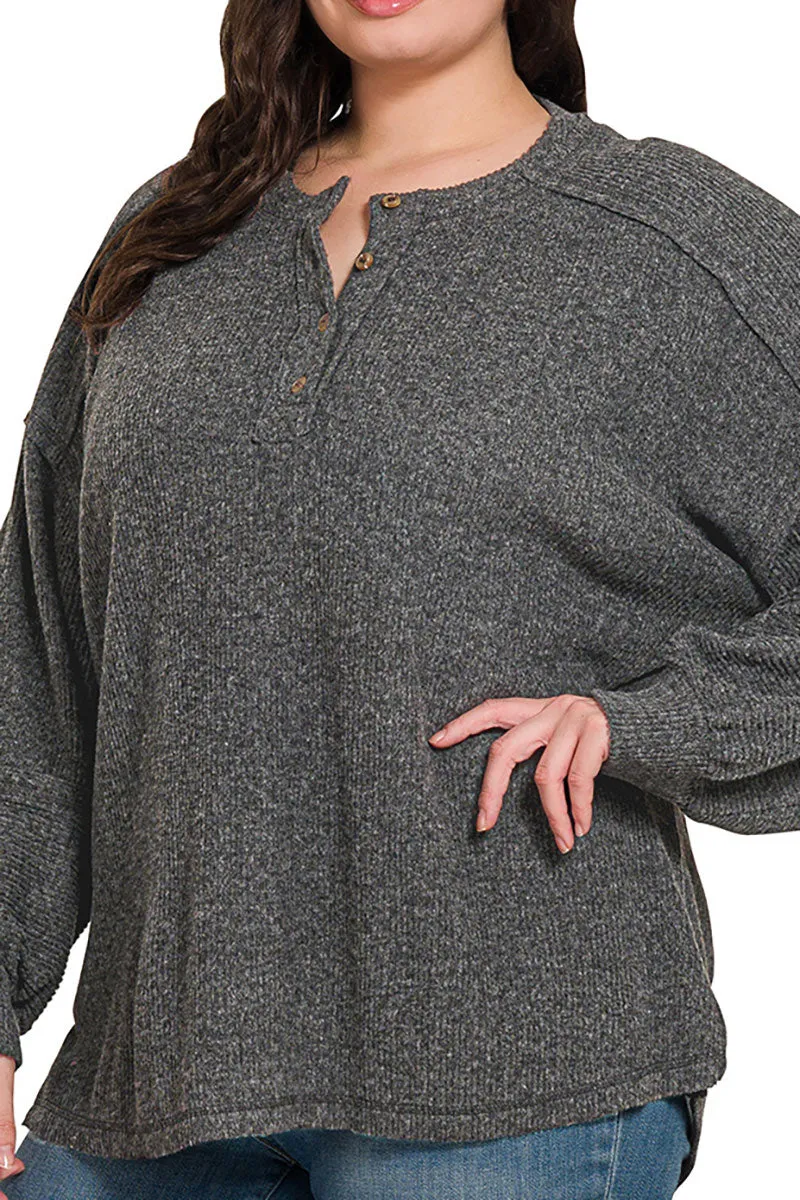 Zenana Plus Size Frosty Feels Black Brushed Hacci Henley Sweater