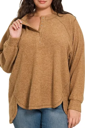 Zenana Plus Size November Nights Deep Camel Brushed Hacci Henley Sweater